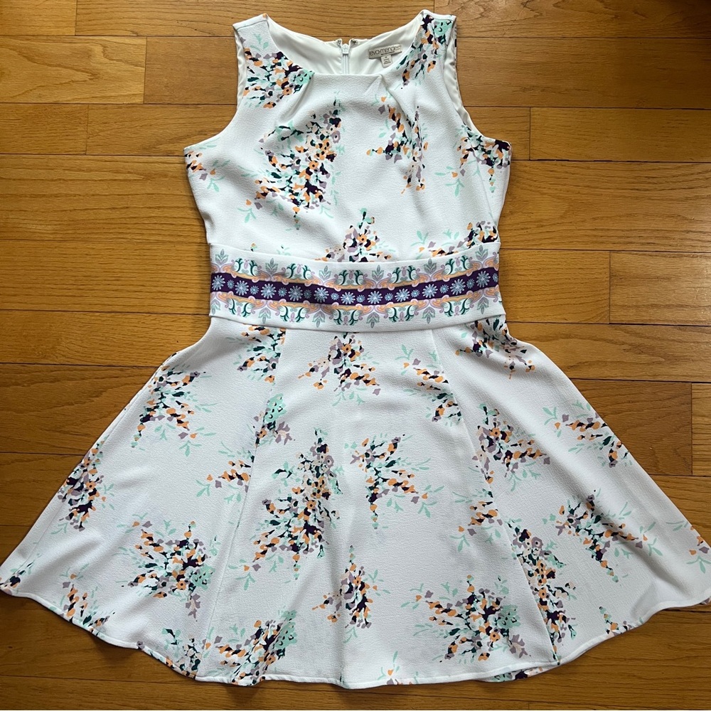 White Floral Fit-and-Flare Dress with Embroidered Waist